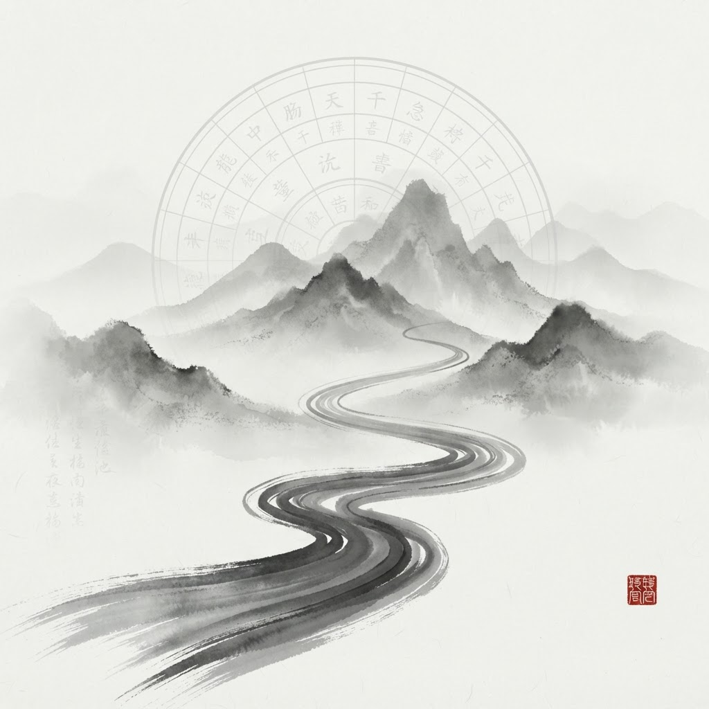 Chinese ink-wash painting of misty mountains with a flowing ink river and a faint circular celestial chart